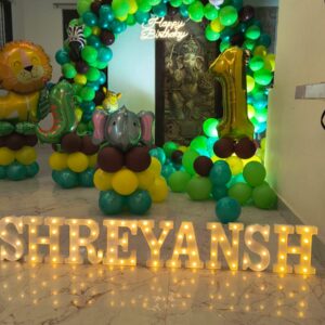Complete birthday decoration kit with theme balloons, banners, and props for kids and adults