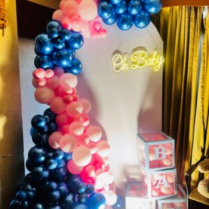 Beautiful baby shower decoration setup in Hyderabad by Vruddhi Events with balloons, flowers, and themed décor