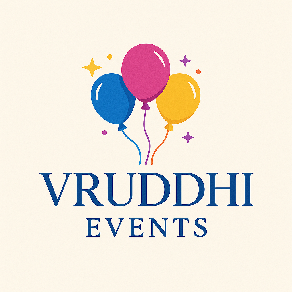 Logo for "Vruddhi Events" featuring three colorful balloons (blue, pink, and yellow) floating above the brand name written in elegant dark blue serif font, with playful stars and confetti on a light cream background.