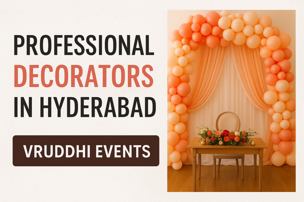 A professional balloon and floral decoration setup by Vruddhi Events in Hyderabad, showcasing a peach balloon arch, draped fabric backdrop, and an elegant flower arrangement on a wooden table.