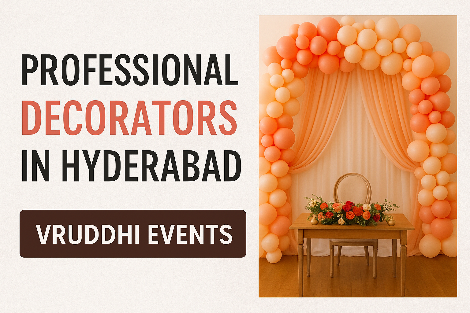 Professional Decorators balloon and floral decoration setup by Vruddhi Events in Hyderabad, showcasing a peach balloon arch, draped fabric backdrop, and an elegant flower arrangement on a wooden table.