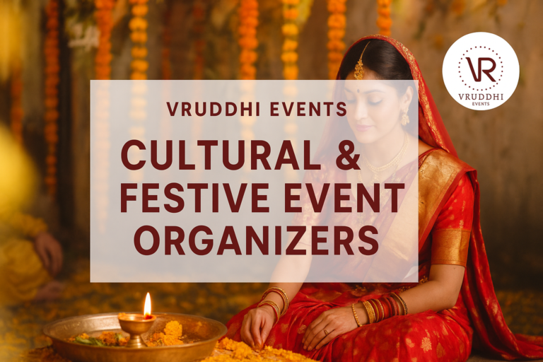 Vruddhi Events Cultural & Festive Event Organizers poster featuring a traditional Indian bride in a red saree with marigold flower decorations and a lit diya lamp.