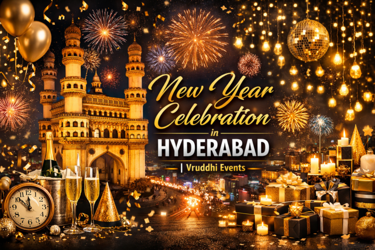 New Year celebration in Hyderabad with premium decorations by Vruddhi Events, featuring Charminar, fireworks, balloons, lights, and festive New Year party setup.