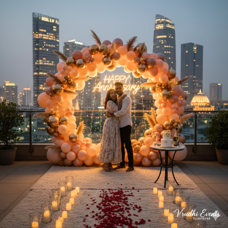 Luxury anniversary Surprise Planners in Hyderabad by Vruddhi Events featuring a rose gold organic balloon arch, neon sign, and city skyline.