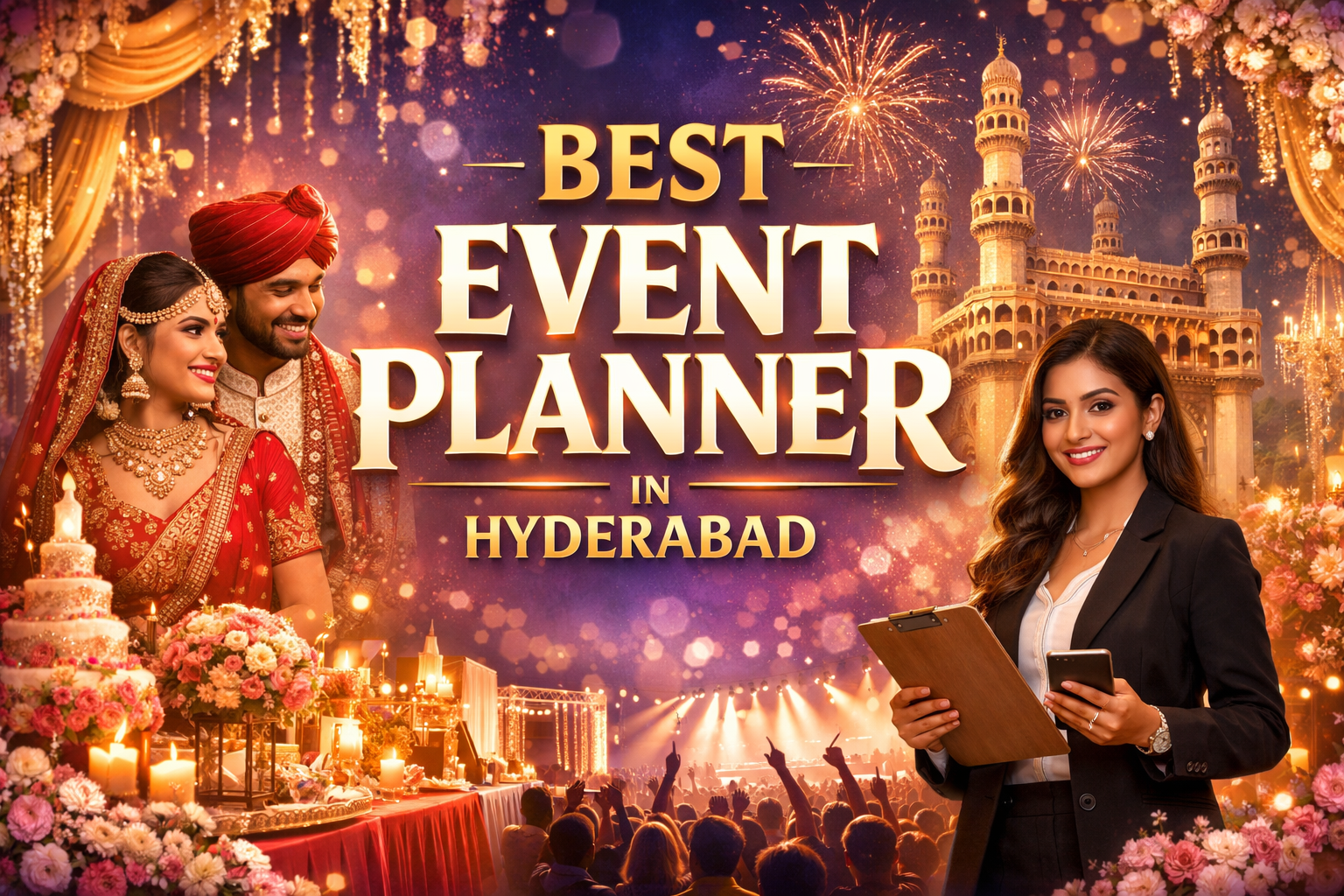 Best Event Planner in Hyderabad with wedding decor, event planner, and luxury event setup background.