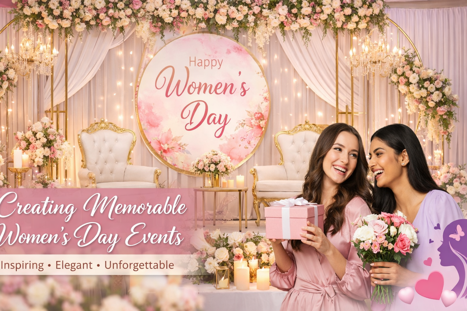 Memorable Women’s Day Event Decoration by Vruddhi Events with elegant stage setup and floral decor