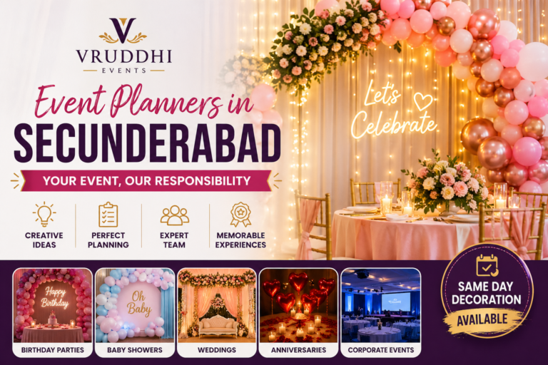 Event planners in Secunderabad by Vruddhi Events showcasing balloon decoration, wedding setup, birthday and baby shower event decorations with elegant lighting and theme design.