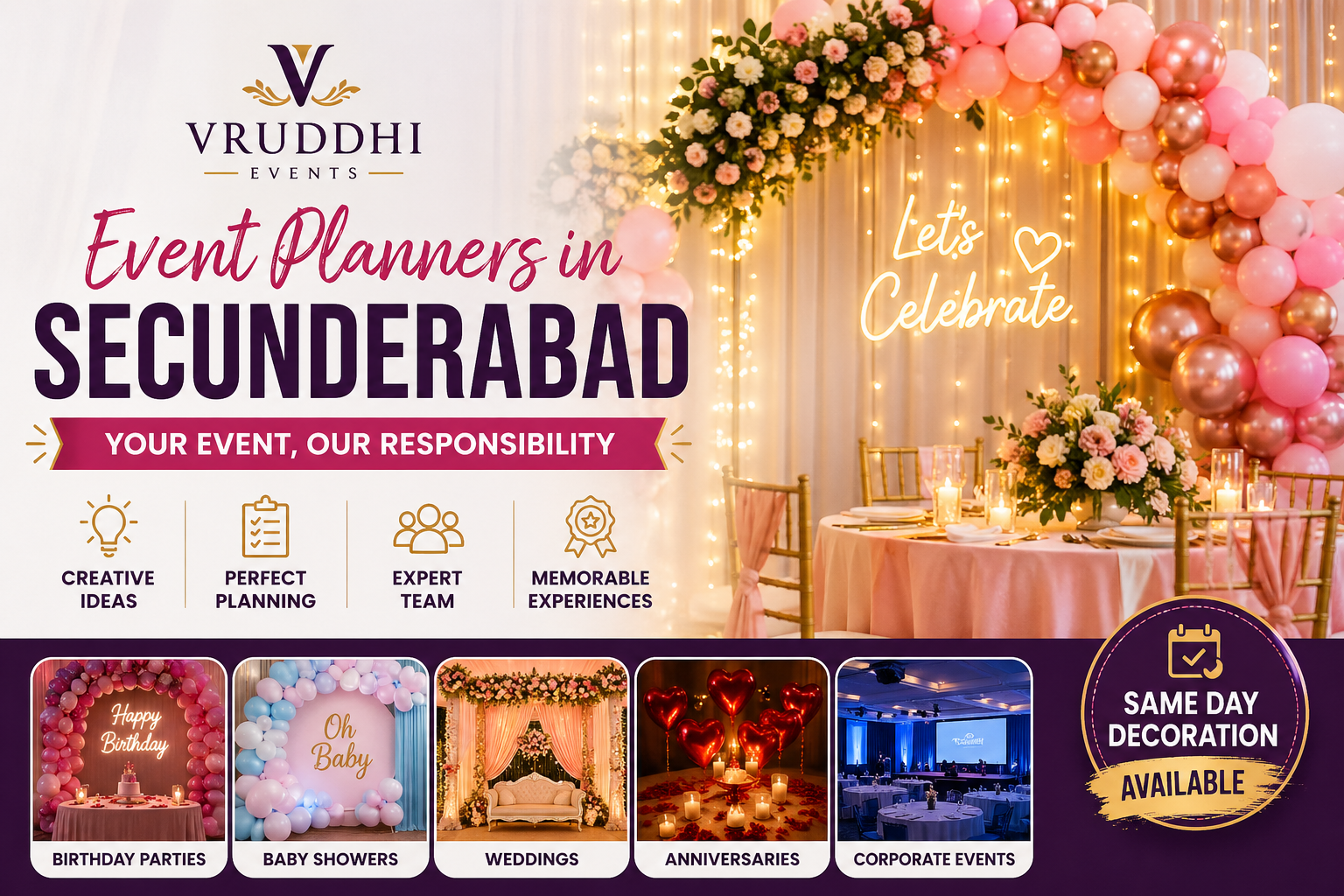Event planners in Secunderabad by Vruddhi Events showcasing balloon decoration, wedding setup, birthday and baby shower event decorations with elegant lighting and theme design.