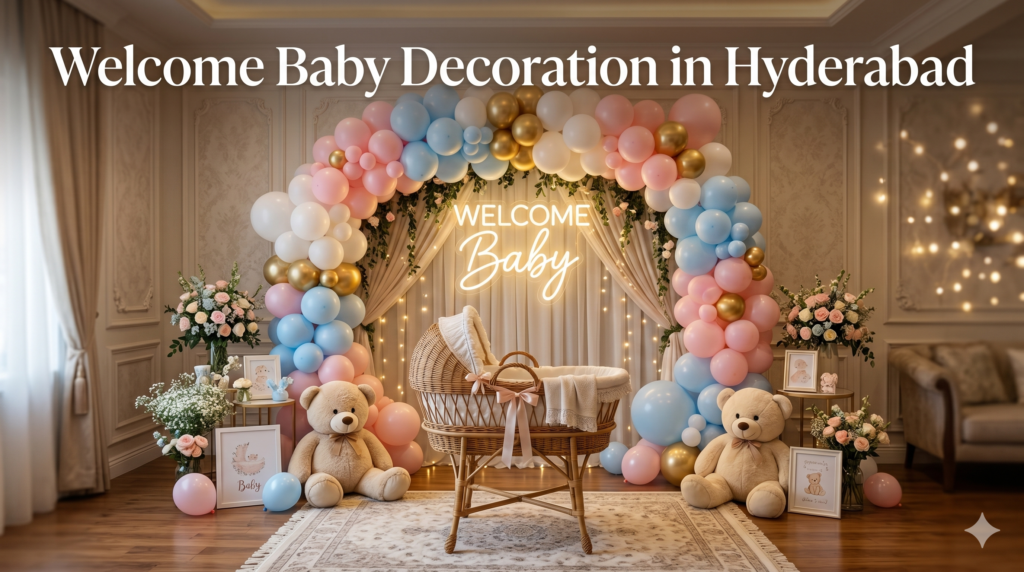 Welcome baby decoration setup in Hyderabad with balloons, teddy theme and welcome sign at home