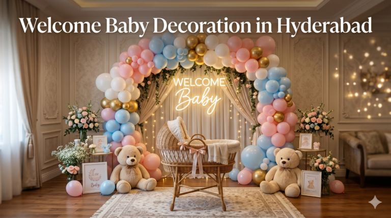 Welcome baby decoration setup in Hyderabad with balloons, teddy theme and welcome sign at home