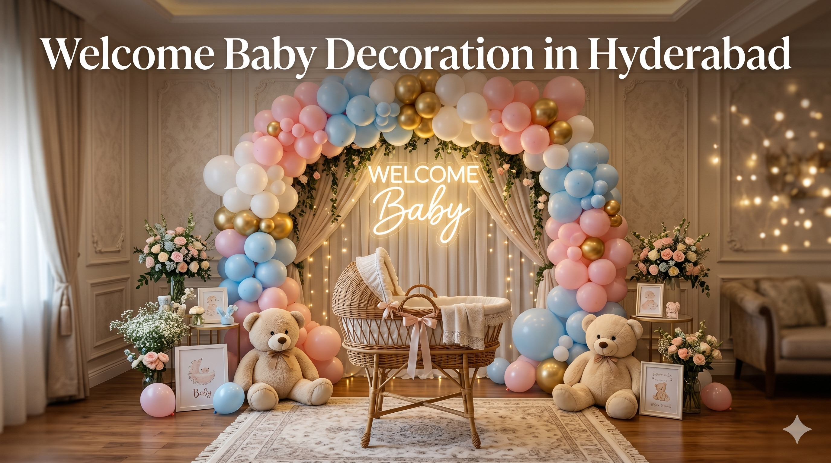 Welcome baby decoration setup in Hyderabad with balloons, teddy theme and welcome sign at home