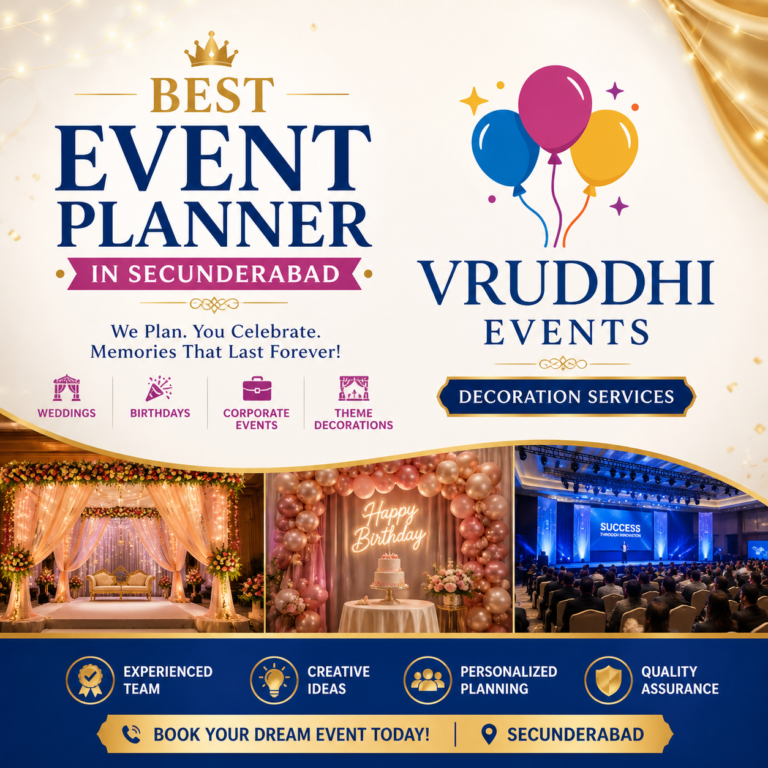 Best Event Planner in Secunderabad poster featuring Vruddhi Events logo with colorful balloons, elegant gold-themed design, and decoration services for weddings, birthdays, corporate events, and theme parties.