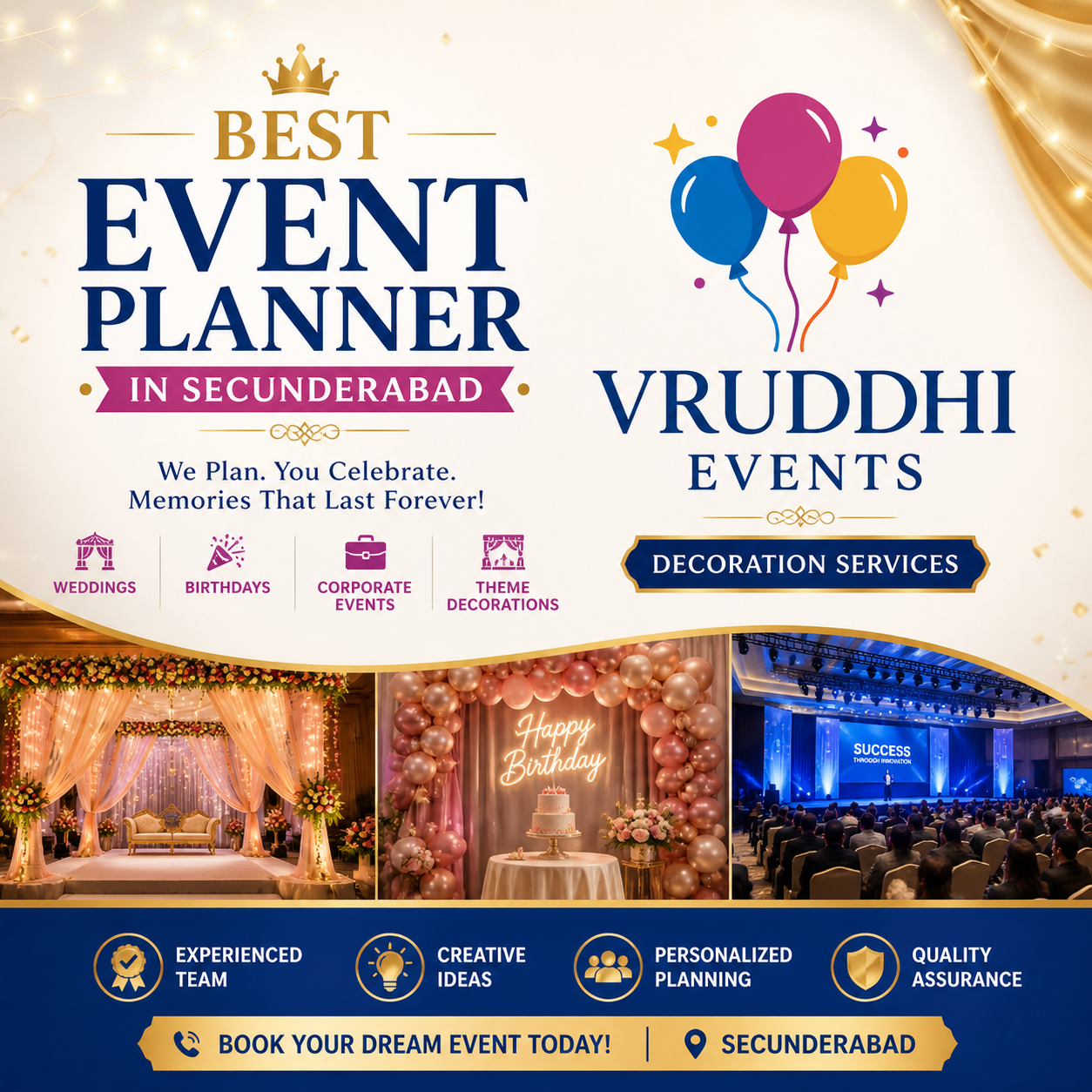 Best Event Planner in Secunderabad poster featuring Vruddhi Events logo with colorful balloons, elegant gold-themed design, and decoration services for weddings, birthdays, corporate events, and theme parties.