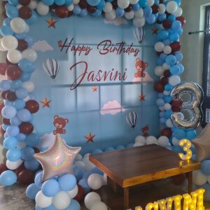 irthday balloon decoration with customized backdrop and LED name letters.