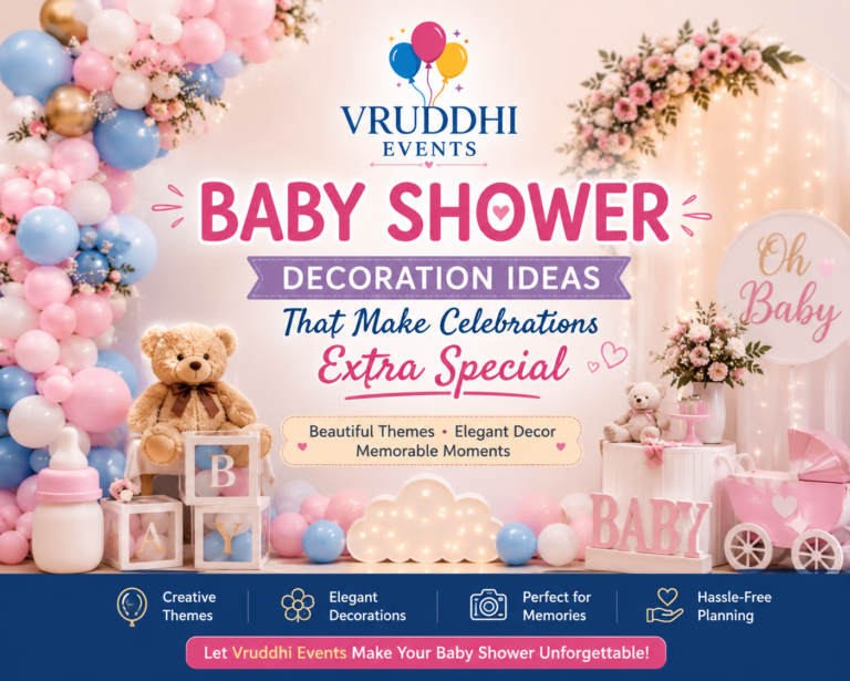 Beautiful Baby Shower Decoration by Vruddhi Events featuring pastel balloon arch, floral backdrop, teddy bear theme, and elegant event setup in Hyderabad.
