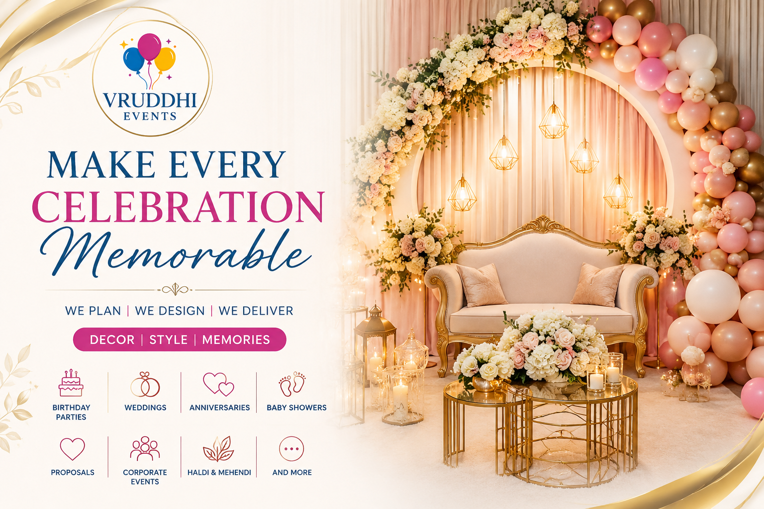Vruddhi Events - Best Event Planner in Secunderabad offering premium birthday, wedding, anniversary, baby shower, and balloon decoration services