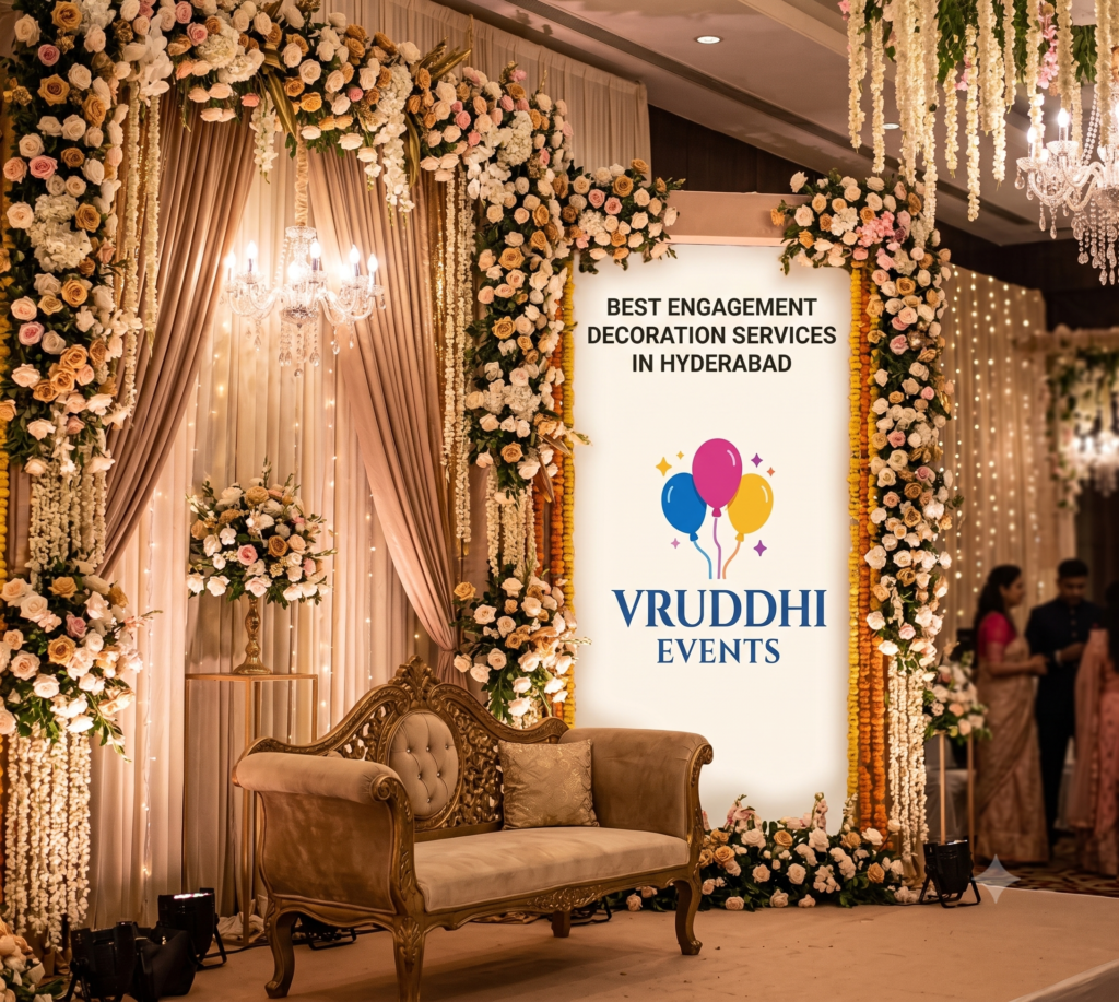 Best Engagement Decoration Services in Hyderabad by Vruddhi Events with elegant floral stage, balloon decorations, LED backdrop, and engagement ceremony setup.