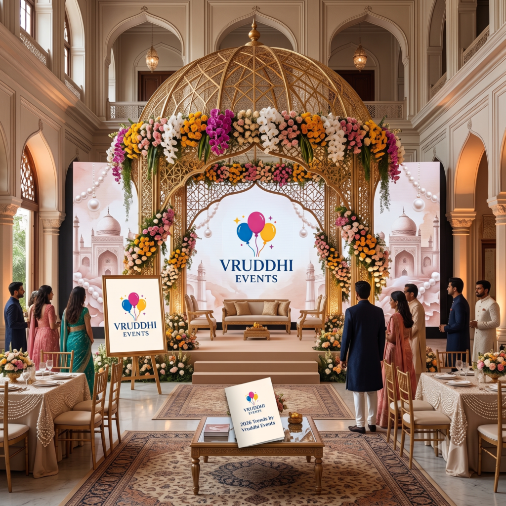 Elegant 2026 Wedding Decoration Trends by Vruddhi Events featuring a floral mandap, pastel décor, luxury lighting, and beautiful stage setup in Hyderabad.