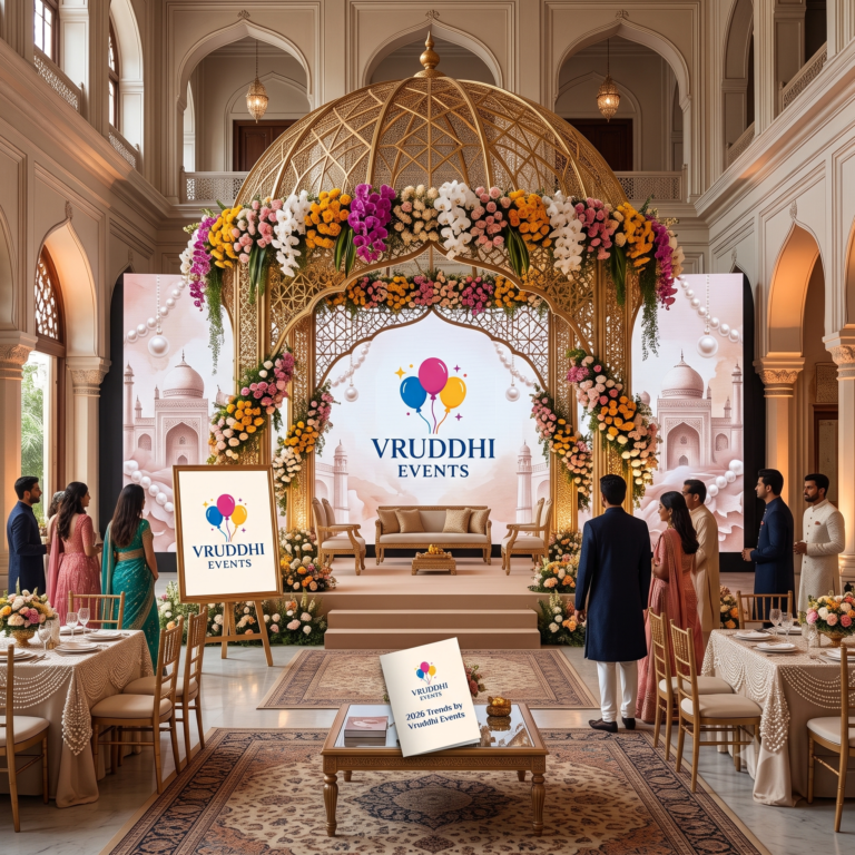 Elegant 2026 Wedding Decoration Trends by Vruddhi Events featuring a floral mandap, pastel décor, luxury lighting, and beautiful stage setup in Hyderabad.