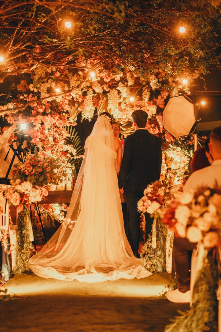 Elegant Wedding Decorations by Vruddhi Events featuring a beautifully decorated floral stage in Hyderabad.